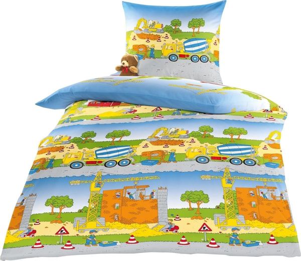 BIERBAUM Kinderbettwäsche JACK by Bierbaum 135x200 cm Baustelle Bagger, Biber, 2 teilig, mit spannendem Baustellen-Motiv, Reißverschluss