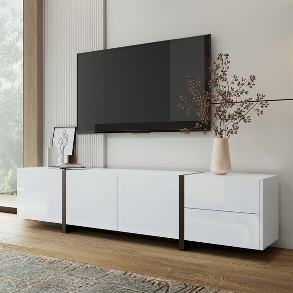 TV-Schrank, Hochglanz mit 3 Türen, Schublade & Klapptür, 170 x 30 x 39 cm, Weiß/Schwarz