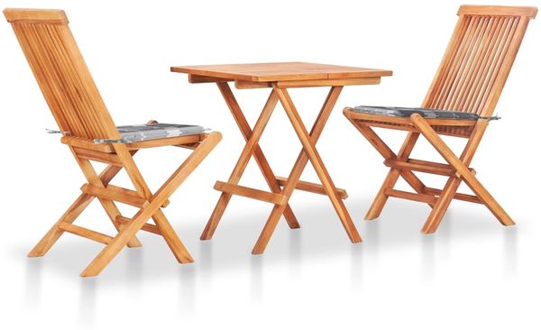 vidaXL 3-tlg. Bistro-Set mit Kissen Grau Karomuster Massivholz Teak 3063239