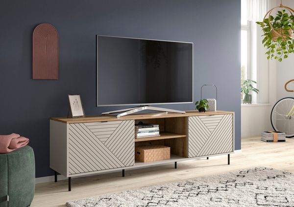 Home affaire Lowboard RAITA, Breite 184 cm, Front mit Desgin-Fräsung, 2 Türen, viel Stauraum (moderne Farbkombi, individuell einsetzbar, Griffe & Füße aus Metall), Kommode, Anrichte, Schrank, Sideboard, TV-Schrank, TV-Lowboard