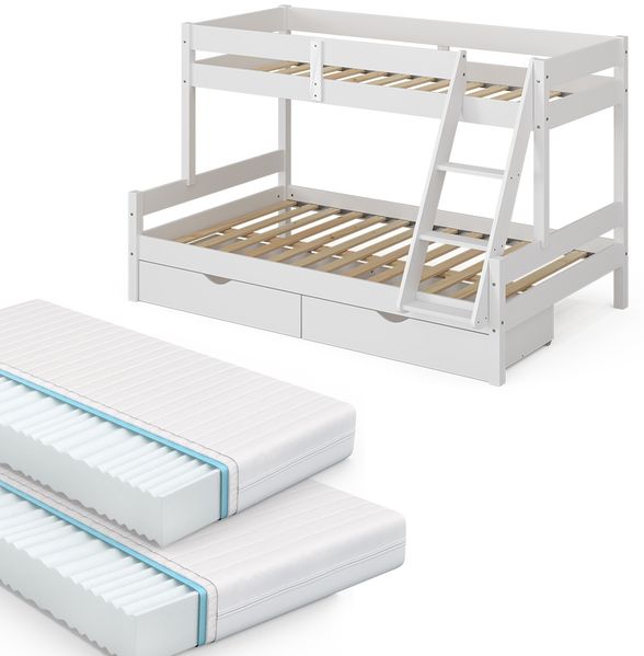 Etagenbett Everest Weiß 120x200 / 80x200 cm mit 2 Matratzen und 2 Schubkästen Vitalispa