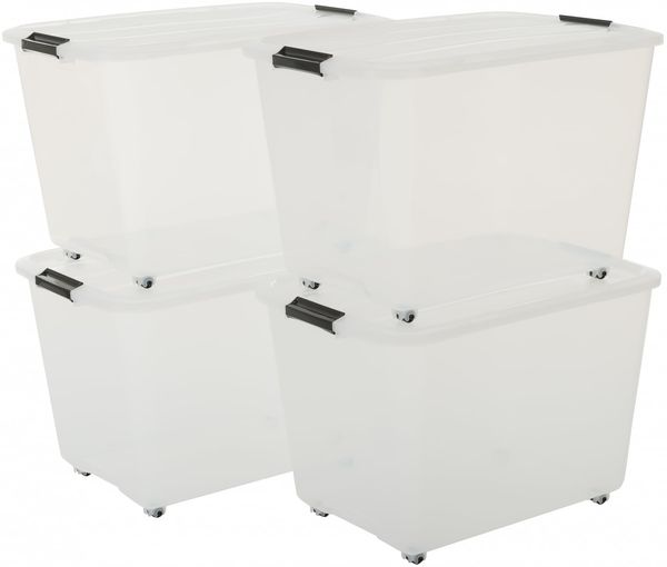 Iris Ohyama, Aufbewahrungsbox aus Kunststoff, 60 l Büro-Aufbewahrungsbox, 4er-Set, TBR-60, transparent, stapelbar, Verschlussclips, B39 x T57 x H38 cm