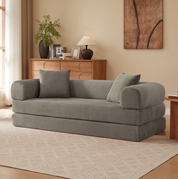 Schlafsofa 59cm×195cm×89cm aus Kaltschaum in Taupe – wandelbares Bodensofa mit Veloursbezug für Wohnzimmer und Schlafzimmer