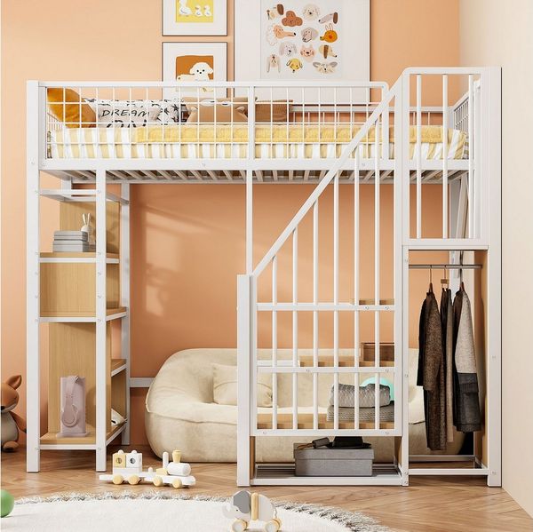 Merax Hochbett (Jugendbett Etagenbett Einzelbett, 1-St) Metallbett Kinderbett 90x200cm mit Stauraumtreppe,Ablageflächen & Zaun