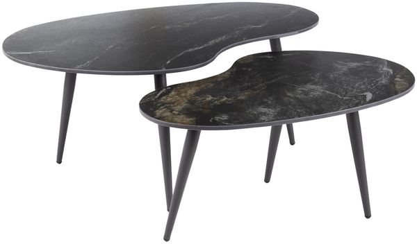 Couchtisch 2er-Set schwarze Keramik, organisches Design, Mid-Century Stil, Fossil-Optik