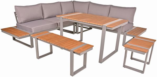 Gartenloungeset GERD 6-tlg - Alu/Kunststoff, Hellbraun | Gartenloungeecke Gartenmöbel Set Garten Lounge-Eckgruppe Loungegarnitur
