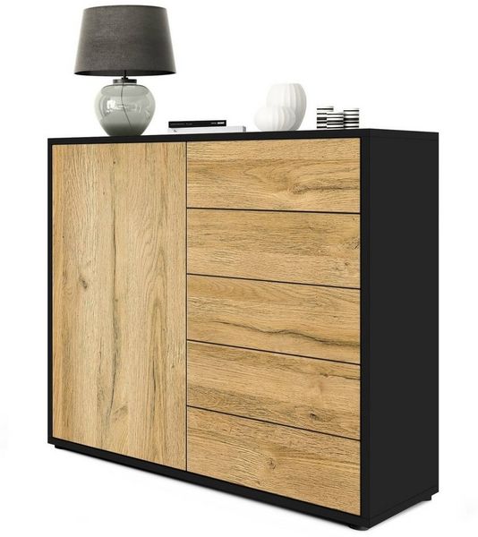 Vladon Sideboard Ben V2, Kommode mit 1 Tür und 5 Schubladen, Schwarz matt/Eiche Natur (79 x 74 x 36 cm)