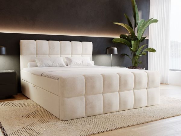 GRAINGOLD Alicante Doppelbett 160x200, Boxspringbett mit gepolstertes Kopfteil, zwei Bettkästen, Velour-Stoff, Beige