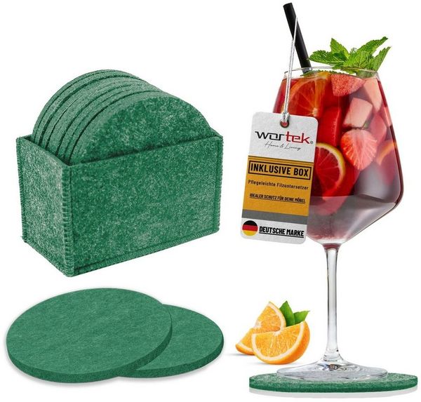 wortek Getränkeuntersetzer Filz-Untersetzer Rund für Gläser 10er Set + Box, Zubehör für Tisch & Gläser, Set, 10-tlg, waschbare Getränke Glasuntersetzer Gläser, Tischuntersetzer Filz 10 cm