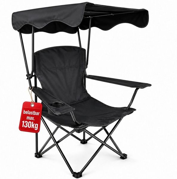 BigDean Faltstuhl Campingstuhl mit Sonnenschutz Schwarz Sonnendach Getränkehalter (Packung, 1 St), Integrierter Sonnenschutz, Faltbar, Tragetasche, Getränkehalter