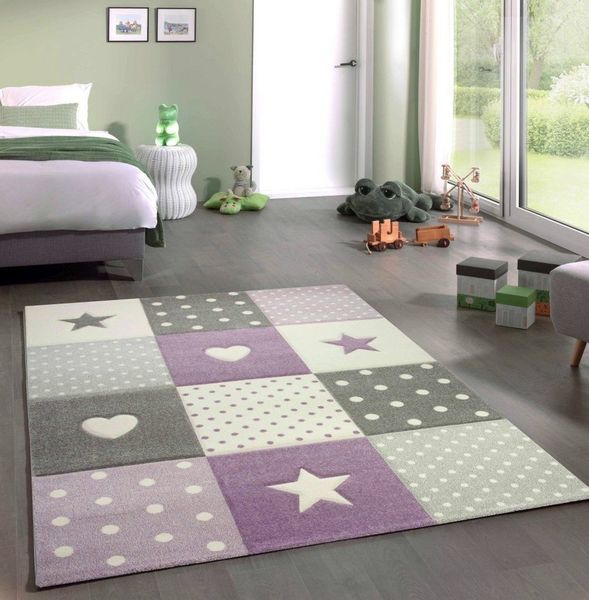 Carpetia Kinderteppich Kinderteppich Spielteppich Mädchen mit Herz Stern lila creme grau, rund, Höhe: 13 mm