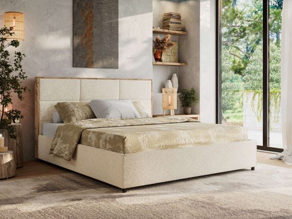 Premium Polsterbett LERIO CLASSIC 160 x 200 cm mit Stauraum, gepolstertem Kopfteil, Gasdruckfedern & Lattenrost - Modernes Design, Inkl. Lattenrost Pocket Matratze - Creme Strukture - VIRE LUX