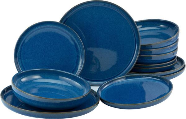 CreaTable Tafelservice Geschirr-Set Atlantico (12-tlg), 4 Personen, Steinzeug, Service, mit Kobalt-Blau-Reaktivglasur, 12 Teile, für 4 Personen