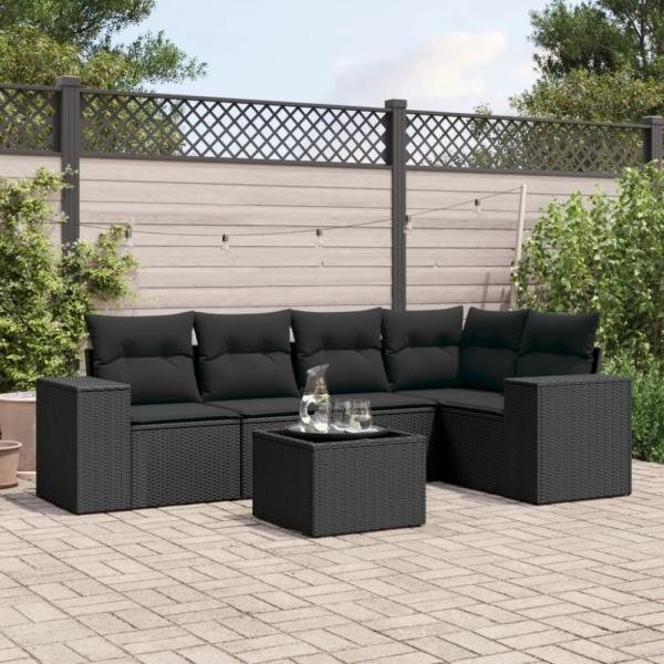 vidaXL 6-tlg. Garten-Sofagarnitur mit Kissen Schwarz Poly Rattan 3222534