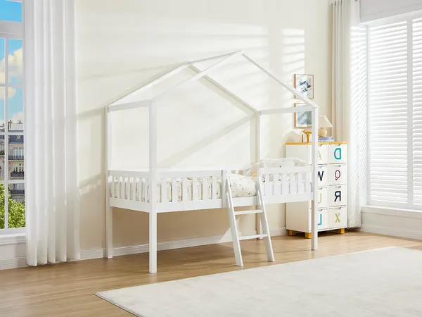 Vente-unique - NALENY Bett Holz, Platte Weiß - B 120 cm x H 204 cm x L 197,5 cm