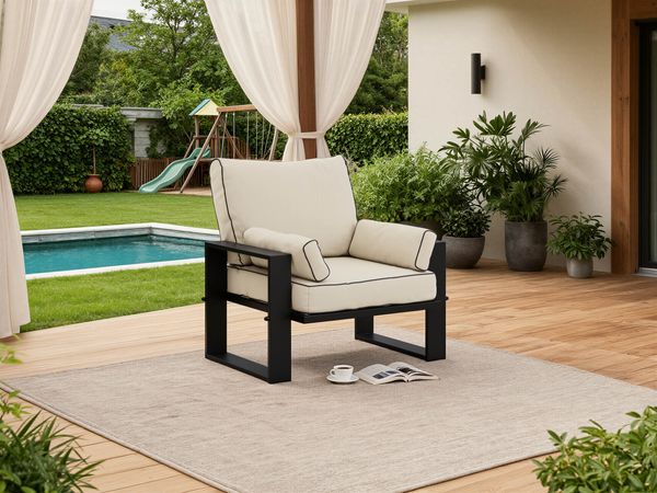 Gartensessel mit Armlehnen, Sessel auf schwarzen Metallbeinen, Rückenkissen - ELBA S1 - beige