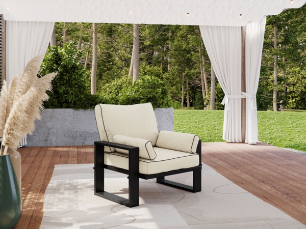 Gartensessel mit Armlehnen, Sessel auf schwarzen Metallbeinen, Rückenkissen - ELBA S1 - beige