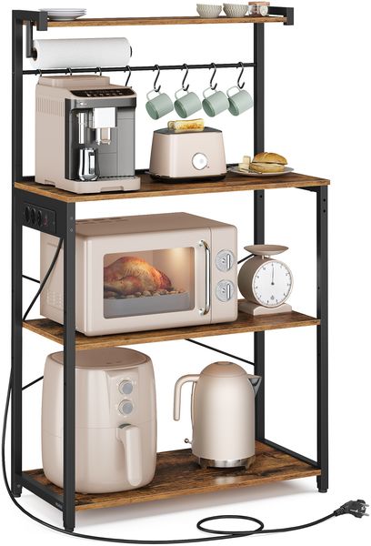 VASAGLE Standregal mit 4 Ebenen, Küchenregal mit Ladestation, 8 Haken, 40 x 80 x 140 cm, braun-schwarz