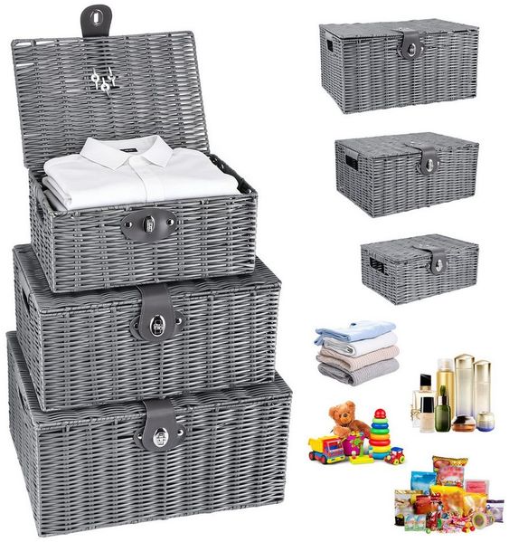 BlingBin Aufbewahrungskorb Gewebter Korb mit Deckel, Aufbewahrung Organizer (Aufbewahrungskörbchen mit Deckel und Schnallen, 3 St, 3 Stück, Large, Medium, Small), Aufbewahrungswürfeln für Decken, Schrank, Windel, Badezimmer, Wäsche