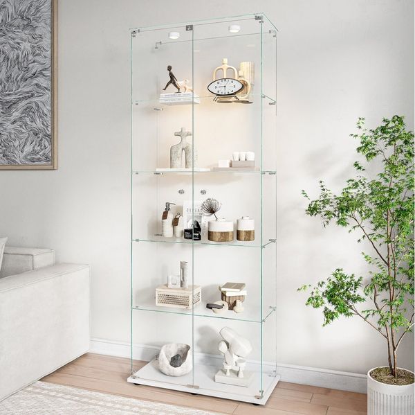 FUROKOY Glasvitrine Standvitrinen, Vitrine aus gehärtetem Glas (Set, 1-St, Vitrinenschrank mit 2 Glastür für Sammler, Bücher, 186.5x78.5x34.5cm) Weiß 5 Lagen Sammlervitrine