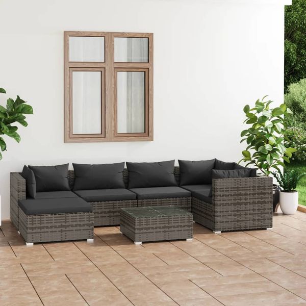 vidaXL 7-tlg. Garten-Lounge-Set mit Kissen Poly Rattan Grau 3101821