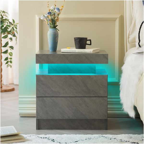 Nachttisch mit LED-Beleuchtung & 2 Schubladen, Holzwerkstoff, 50×53×36, Dunkelgrau