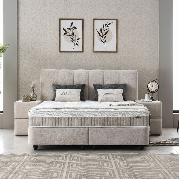 abc bedding Boxspringbett Komfortbett LUCIA im stilvollen braun beige Stoffdesign (Bett mit Topper, 3-St, inkl. Matratze und Topper), Voll-orthopädisches Schlafsystem inklusive Bettkasten