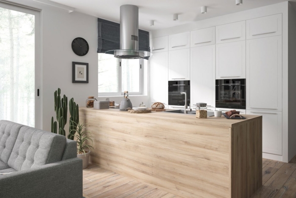 Küchenzeile KVANTUM mit Arbeitsplatte 304x243cm Teilauszug weiß Fronten MDF weiß-mint matt