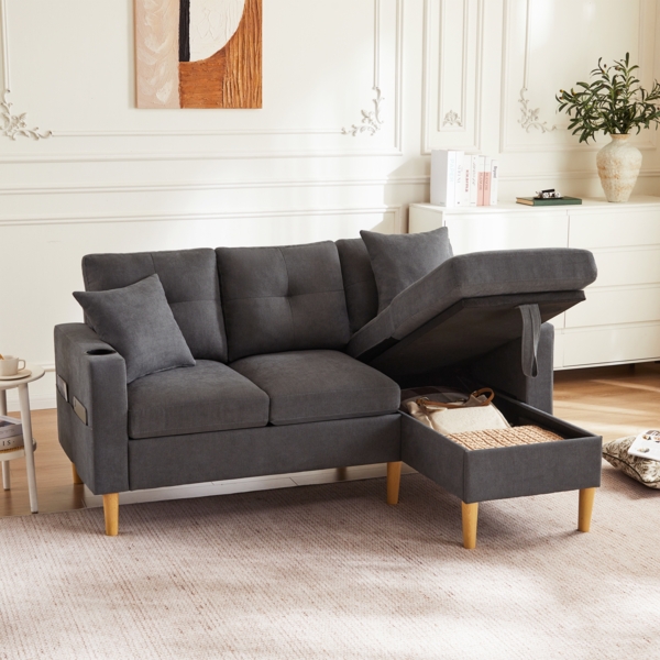 Merax L-förmiges modernes Sofa, 3-Sitzer-Sofa mit Chaiselongue, Stauraum, integriertem Getränkehalter, wird mit 2 Kissen geliefert, Dunkelgrau