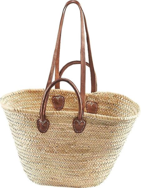locker Aufbewahrungskorb Strandtasche, Korbtasche, Palmtasche mit Ledergriffen und Lederhenkeln, Strandkorb im Bohostyle