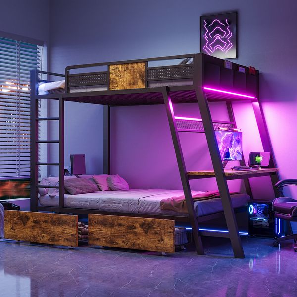 Merax Etagenbett 90×200cm, Kinderbett integrierter Gaming-Schreibtisch mit Steckdosen, USB- und Type-C-Anschlüssen, mit LED-Lichtband, zwei Aufbewahrungskörben, Schwarz