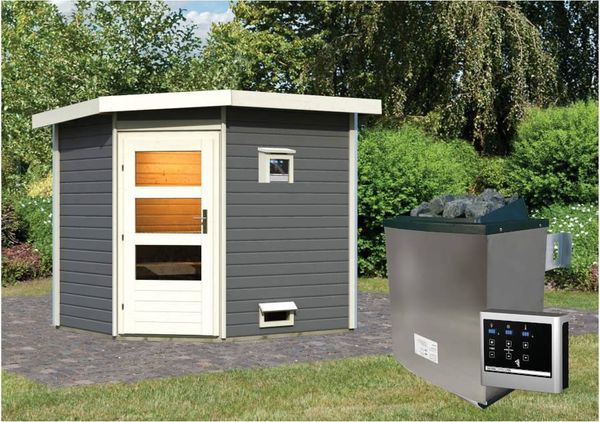 Karibu Saunahaus Mikka - terragrau Gartensauna 3 Sitzbänke aus Holz in Grau Sauna mit 38 mm Wandstärke Außensauna mit Montagematerial