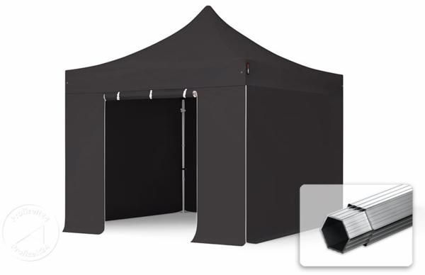 3x3 m Faltpavillon, PROFESSIONAL Alu 40mm, feuersicher, Seitenteile ohne Fenster, schwarz