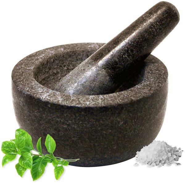 JADE TEMPLE 17023 TEMPLE Steinmörser mit Stößel im Set, effektives und einfaches mörsern, aus massivem Granit mit 13 cm Durchmesser und 7 cm Höhe, Grau