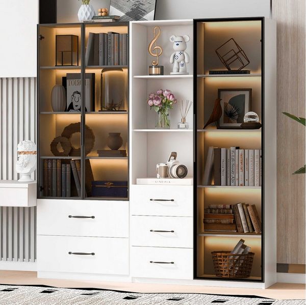 BlingBin Glasvitrine LED-Vitrine (1-St, Modulare Glasvitrine mit LED-Beleuchtung und Schubladen) Stilvolles Aufbewahrungsmöbel mit dimmbarer Beleuchtung und Kippschutz