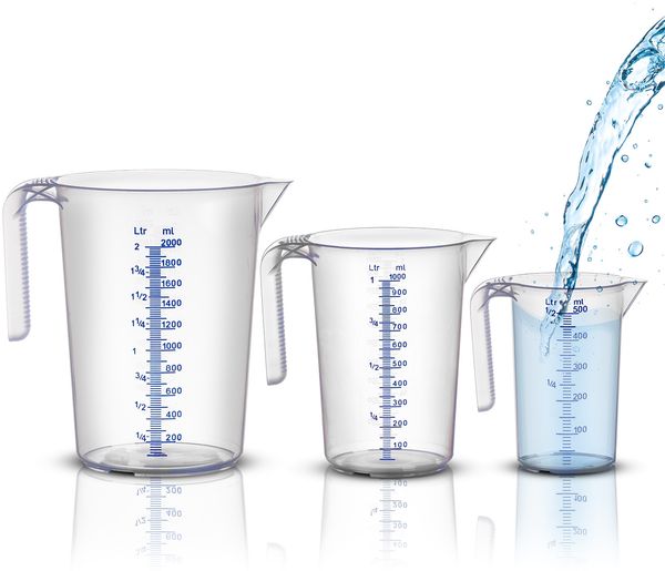 BigDean Messbecher-Set - 3 Größen: 500ml, 1L, 2L - bruchsicher, temperaturbeständig, farbige Skala transparent & blau - aus PP-Kunststoff lebensmittelecht - Made in Germany