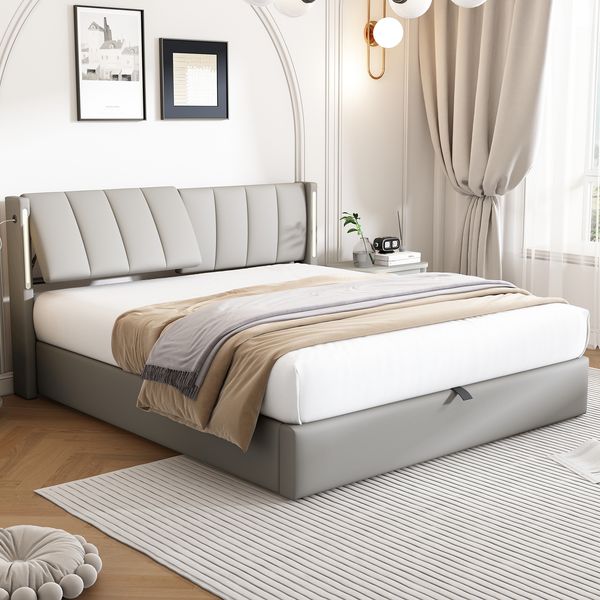 Polsterbett 160×200 cm aus Kunstleder mit LED-Beleuchtung und USB-Anschluss, grau