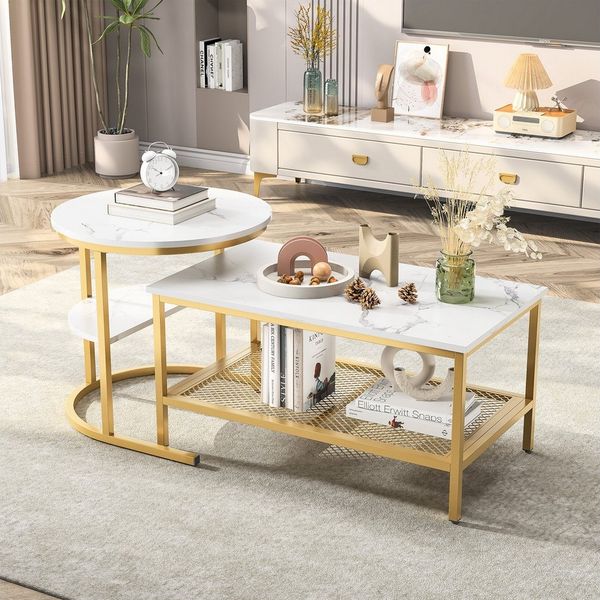 Furnishings Home Couchtisch rund Kaffeetisch Beistelltisch Satztische 2er Set, Große Werbung (2-St, Zweiteiliges Set), 2tlg. mit Marmormuster 80x46cm+52x51cm