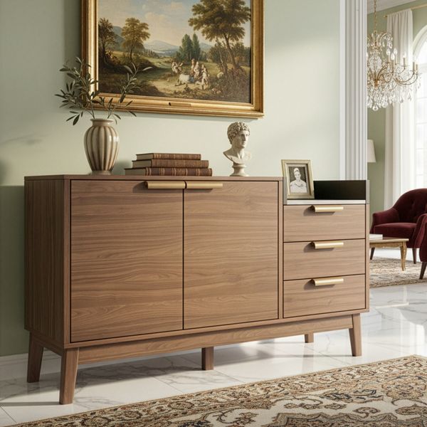 Kommode 120 x 40 x 77 cm in Eiche dunkel mit Marmoroptik, 3 Schubladen, 2 Türen und offenem Fach