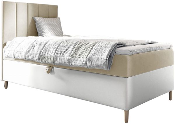 MEBLINI Kinderbett mit Bettkasten MAYA 1 80x200 Links - H3/Beige Samt Gepolstert Einzelbett mit Matratze - Polsterbett mit Stauraum - Bett mit Kopfteil – Stauraumbett