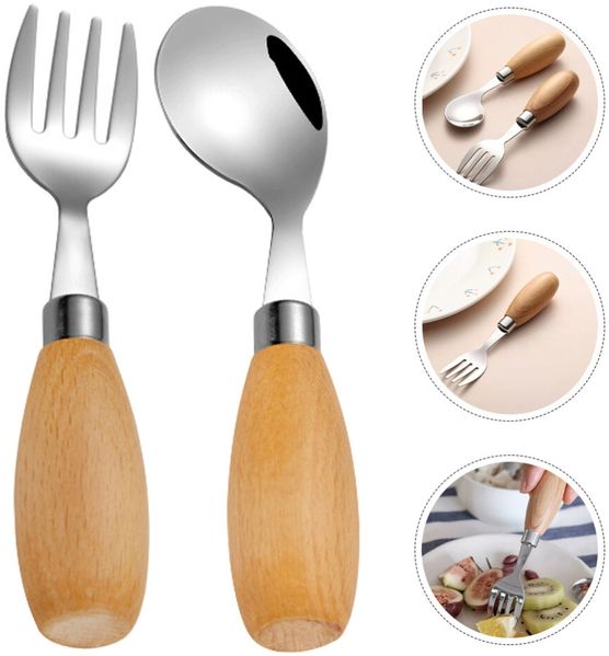 ABC Babygeschirrset, bestehend aus einer Gabel mit Holzgriff und einem gebogenen Löffel