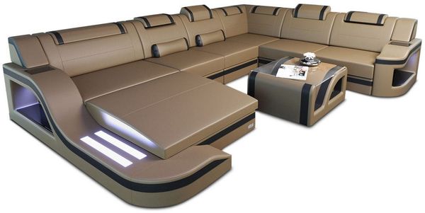 XXL Wohnlandschaft Palermo aus Leder - Ledermix - sandbeige-schwarz - Links