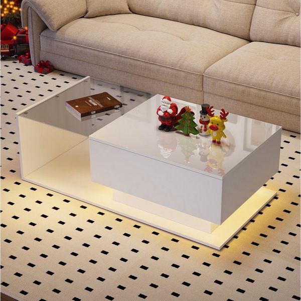 Merax Couchtisch mit Glastischplatte und Schublade, Beistelltisch Hochglanz mit LED inkl. APP, Wohnzimmertisch