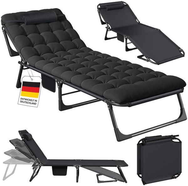STEELSØN 'Nysaris' Sonnenliege mit Polsterauflage, schwarz, klappbar und leicht transportierbar, Gartenliege mit Seitentasche, Outdoor Liegestuhl bis 180 kg