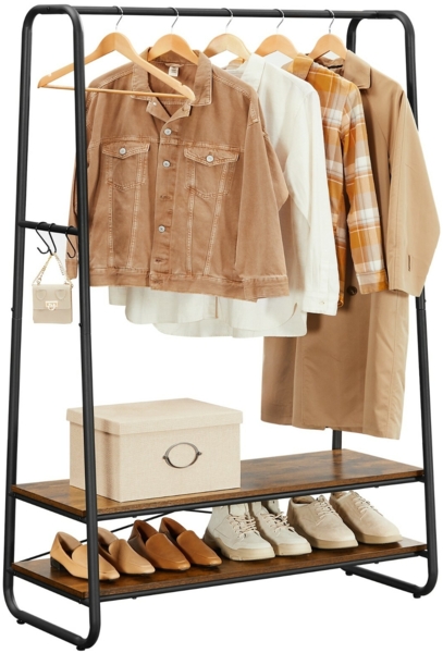 Vasagle Kleiderständer mit 2 Ablagen und 6 Haken, Stahlgestell Braun/Schwarz, 100 x 45 x 160 cm