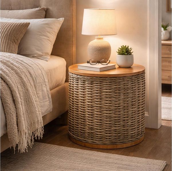 Kobolo Beistelltisch Tisch MARTA Holz und Rattan mit abnehmbaren Deckel (Einzelstück, 1-St, Einzelstück), Dm. 51x H 50,50 cm