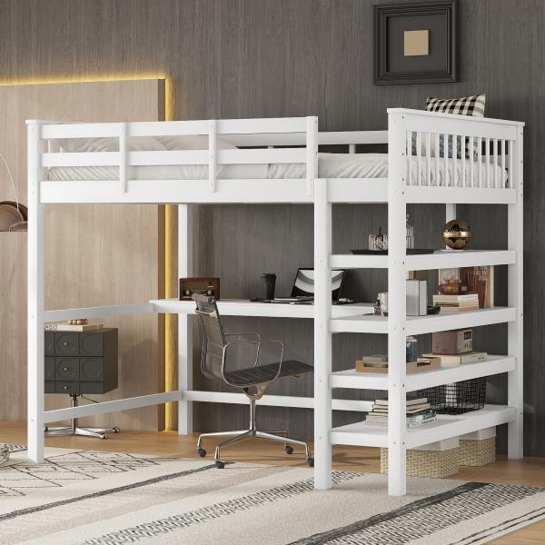 Merax 140 x 200 Kinderhochbett mit Ablagefächern und Unterbettschreibtisch, Weiß