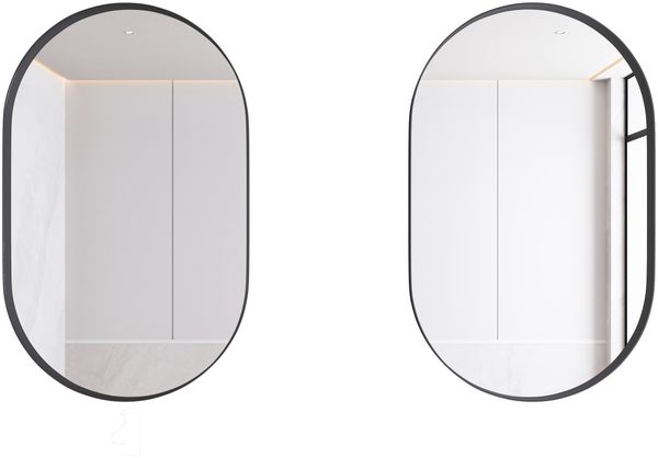 Spiegelschrank oval mit Stauraum, 85x51,5x12 cm – Badezimmerschrank mit Metallrahmen, Spiegelglas und 2 Glasböden in Schwarz Bild 6