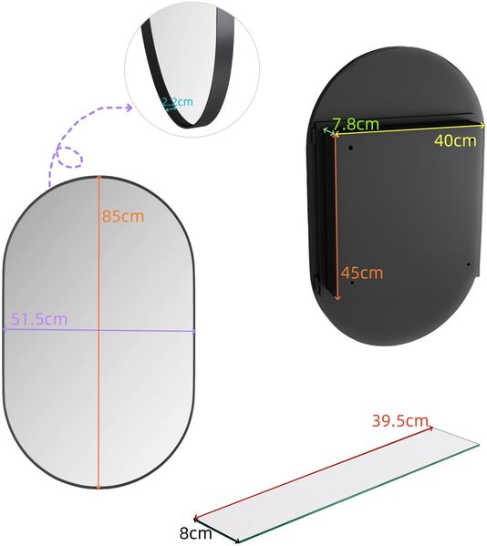 Spiegelschrank oval mit Stauraum, 85x51,5x12 cm – Badezimmerschrank mit Metallrahmen, Spiegelglas und 2 Glasböden in Schwarz Bild 4