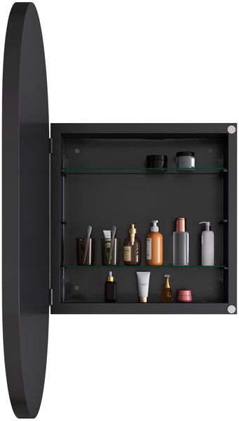Spiegelschrank oval mit Stauraum, 85x51,5x12 cm – Badezimmerschrank mit Metallrahmen, Spiegelglas und 2 Glasböden in Schwarz Bild 8